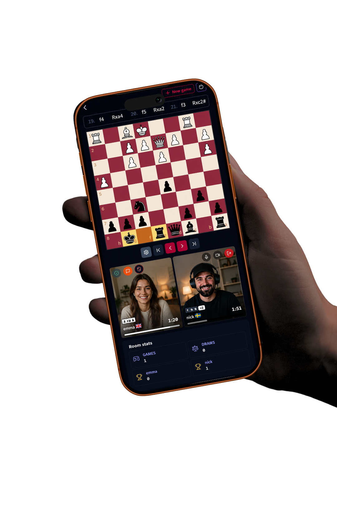 A hand holding a phone showing a live ChessTV game with a chessboard, two player cameras, clocks, captured pieces, and room statistics